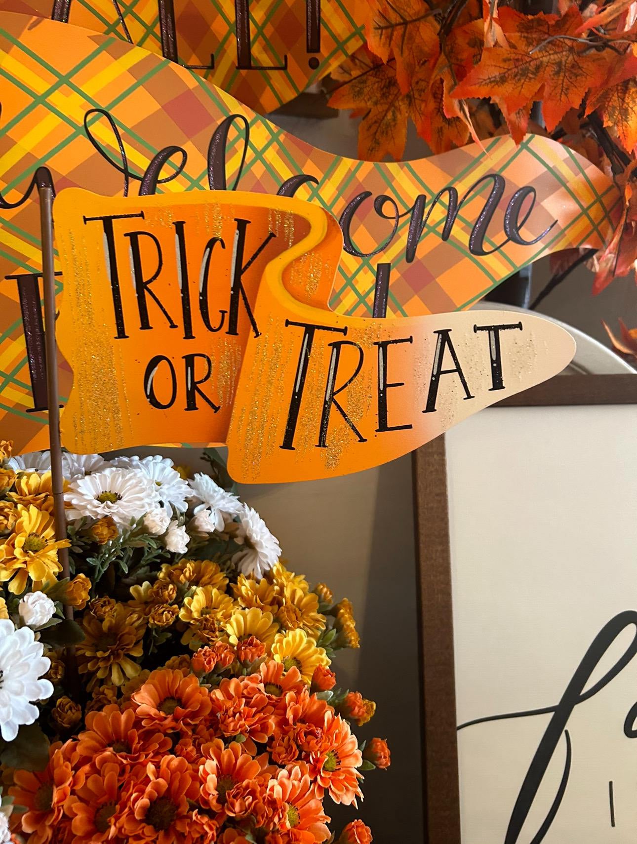 Trick or Treat in Candy Corn Pattern Metal Flag with Stake