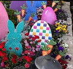 Load image into Gallery viewer, Checkered Metal Egg Easter Outdoor Stakes in Pink, White and Blue
