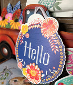 Load image into Gallery viewer, Hello Blue Background Door Hanger with Bordering Orange &amp; Yellow Flowers
