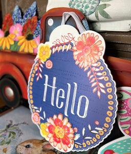 Hello Blue Background Door Hanger with Bordering Orange & Yellow Flowers