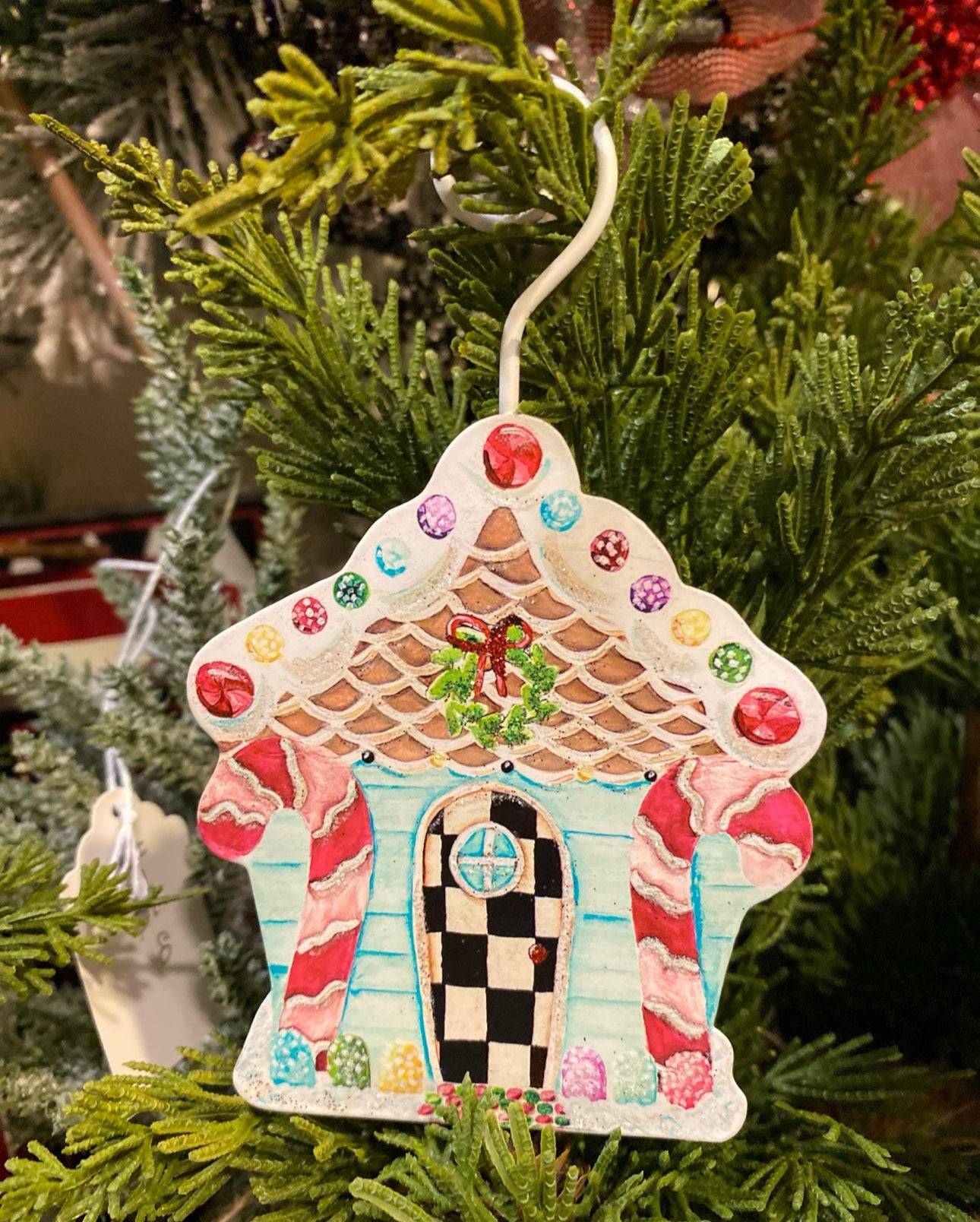 Gingerbread House Metal Ornament Checkered Pattern