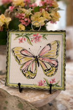 Load image into Gallery viewer, Green, Yellow, &amp; Pink Butterfly Galvanized Framed Mini Print with Floral Accents
