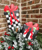 Load image into Gallery viewer, Christmas Black and White Stripe Red Packages Metal Stakes Set of 2
