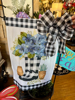 Load image into Gallery viewer, Embellished Floral Spring Flag Rain Boot Black and White Check with Blue Flowers with Bow
