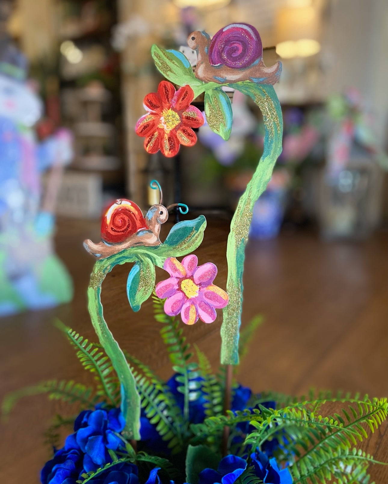Set of 2 Snails on Flowers Metal Stakes
