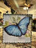 Load image into Gallery viewer, Blue Butterfly Galvanized Framed Mini Print with Floral Accents
