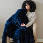 Load image into Gallery viewer, Couture Double Ruched Midnight Navy Blue Faux Fur Throw 60”x80”

