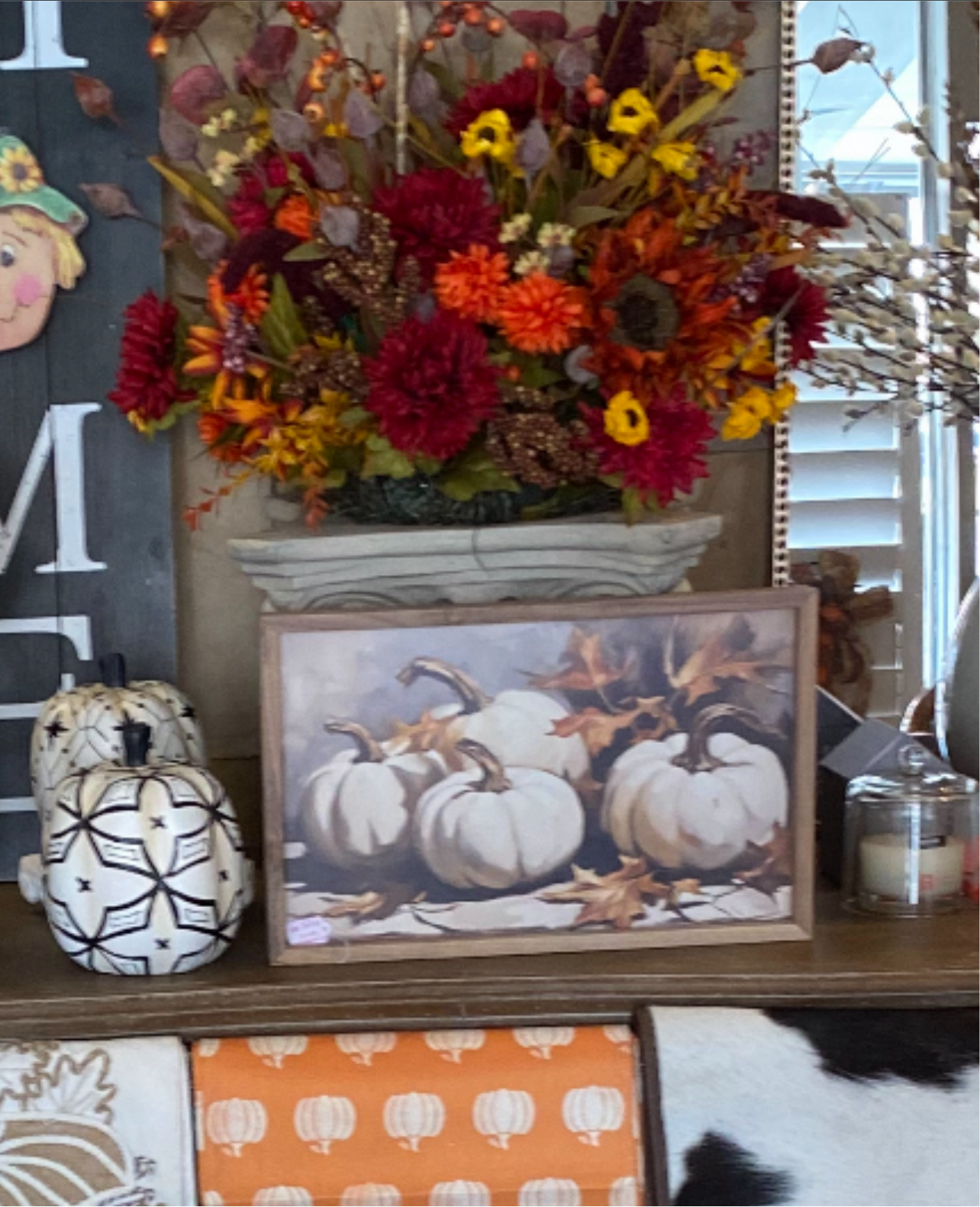 White Pumpkins with Fall Leaves Art and Wood Frame