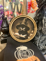 Load image into Gallery viewer, Black Cat with Witch Hat and Spell Book 8” Round Framed Picture
