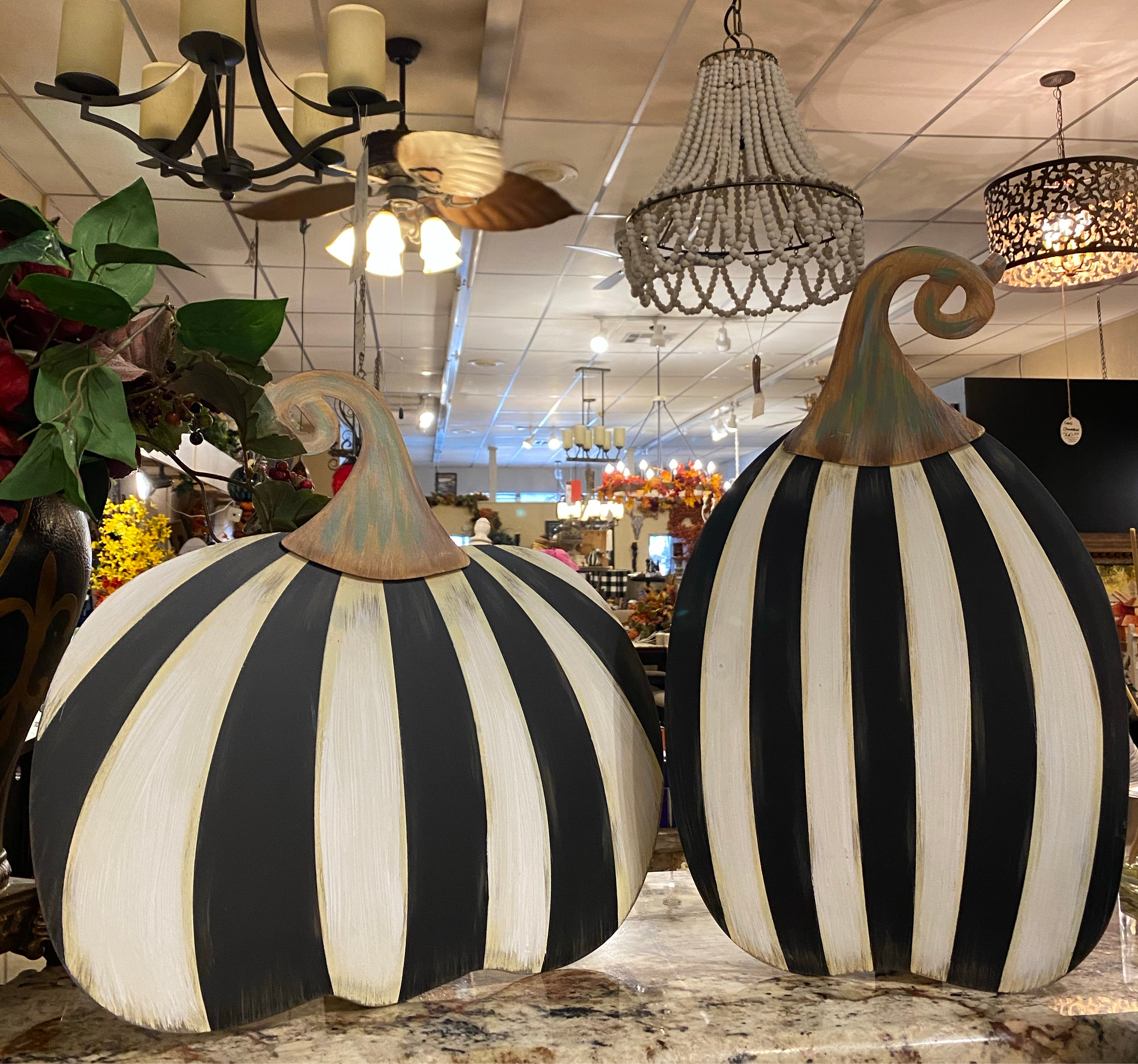 Small Short Black & White Striped Metal Pumpkin Yard Stake