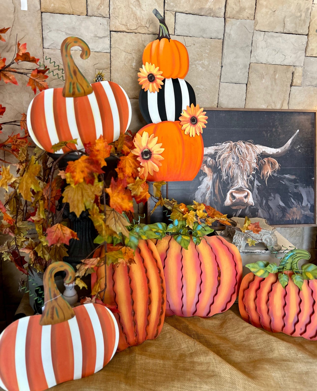 Orange & White Stripe Metal Pumpkin Yard Stake