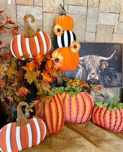 Orange & White Stripe Metal Pumpkin Yard Stake