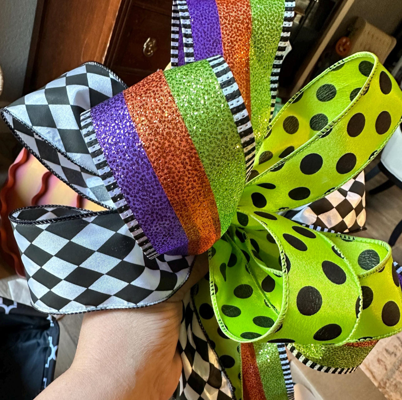 (4) Option Bows: Whimsical Custom Bows Harlequin Black, White, Bright Green, Pink Pumpkin, Stripe Ribbon, Purple, Orange