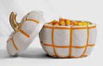 Load image into Gallery viewer, NEW! Orange &amp; White Pumpkin Check Candy Dish with Gold Stem
