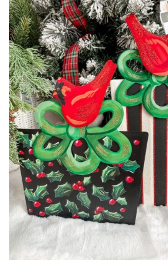 Black and Red Cardinal Christmas Package Metal Stake Outdoor or Indoor