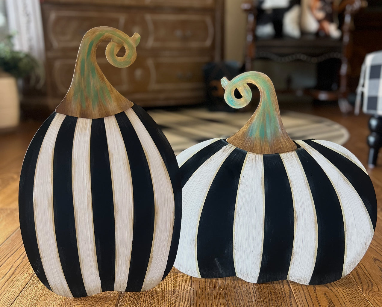 Tall Small Metal Black & White Striped Pumpkin Stake