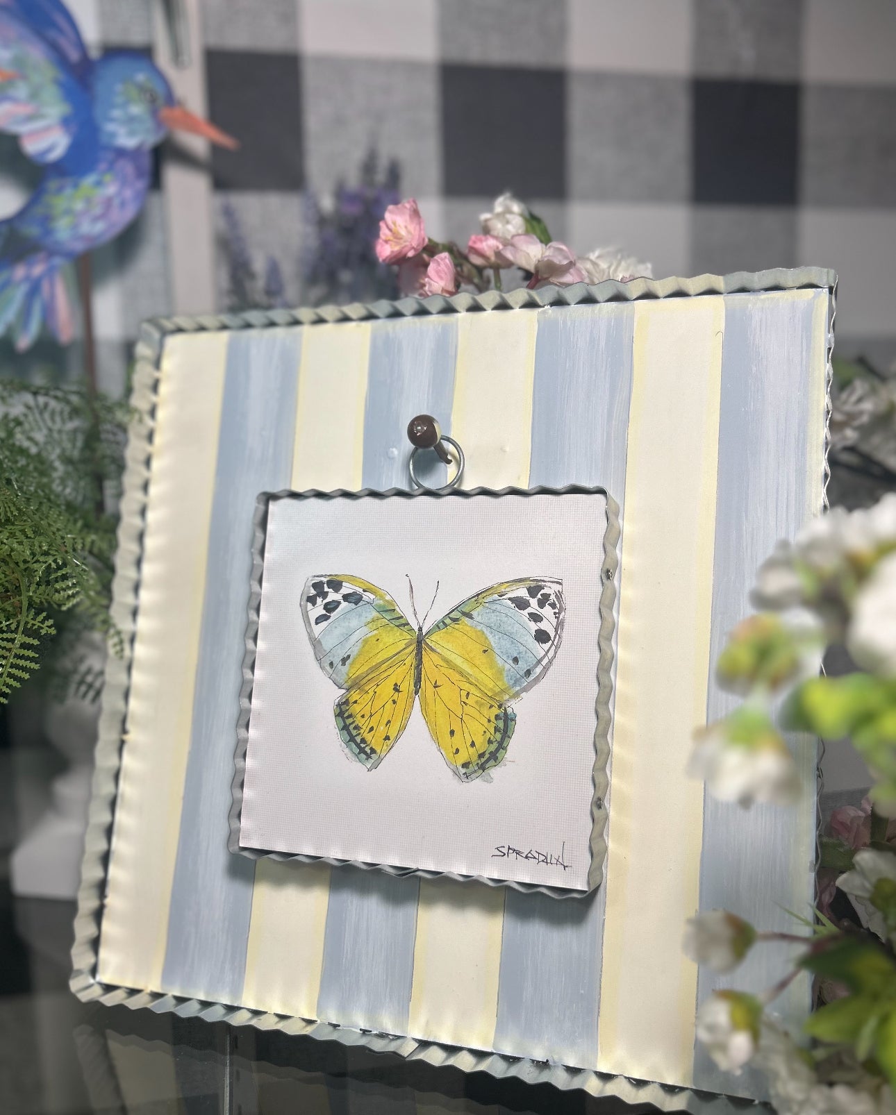 Gray/Blue Display Stand with Attached Easel, Peg, and Stake for Mini Pics or Mini Charms