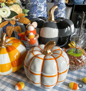 NEW! Orange & White Pumpkin Check Candy Dish with Gold Stem