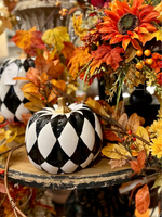 Load image into Gallery viewer, Ceramic Black &amp; White Harlequin Pumpkin (3) Sizes with Gold Stem, Black and White
