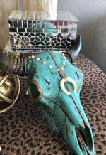 Load image into Gallery viewer, Gold and White Half Horn Pendant with Ivory Fringe and Cream Gold Beaded Necklace
