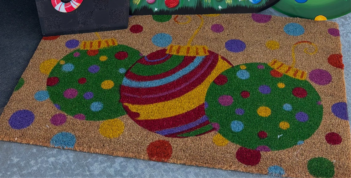 Christmas Ornaments Red, Green, Yellow Coir Door Rug