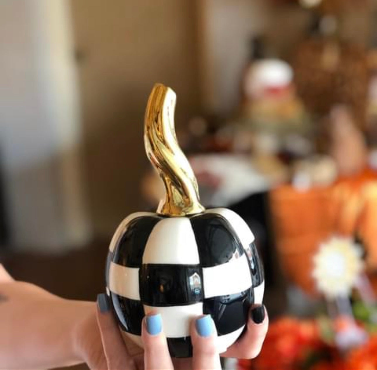 Black & White Checkered Pumpkin With Gold Stem