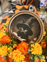 Load image into Gallery viewer, Black Cat with Witch Hat and Spell Book 8” Round Framed Picture
