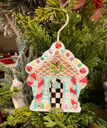 Load image into Gallery viewer, Gingerbread House Metal Ornament Checkered Pattern
