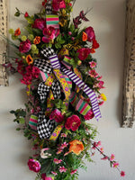 Load image into Gallery viewer, Butterfly Summer Peony Swag Harlequin Ribbon Bright Pink, Orange, Purple, Yellow Swag
