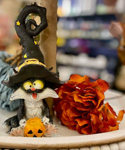 Black Halloween Cat with Witch Hat