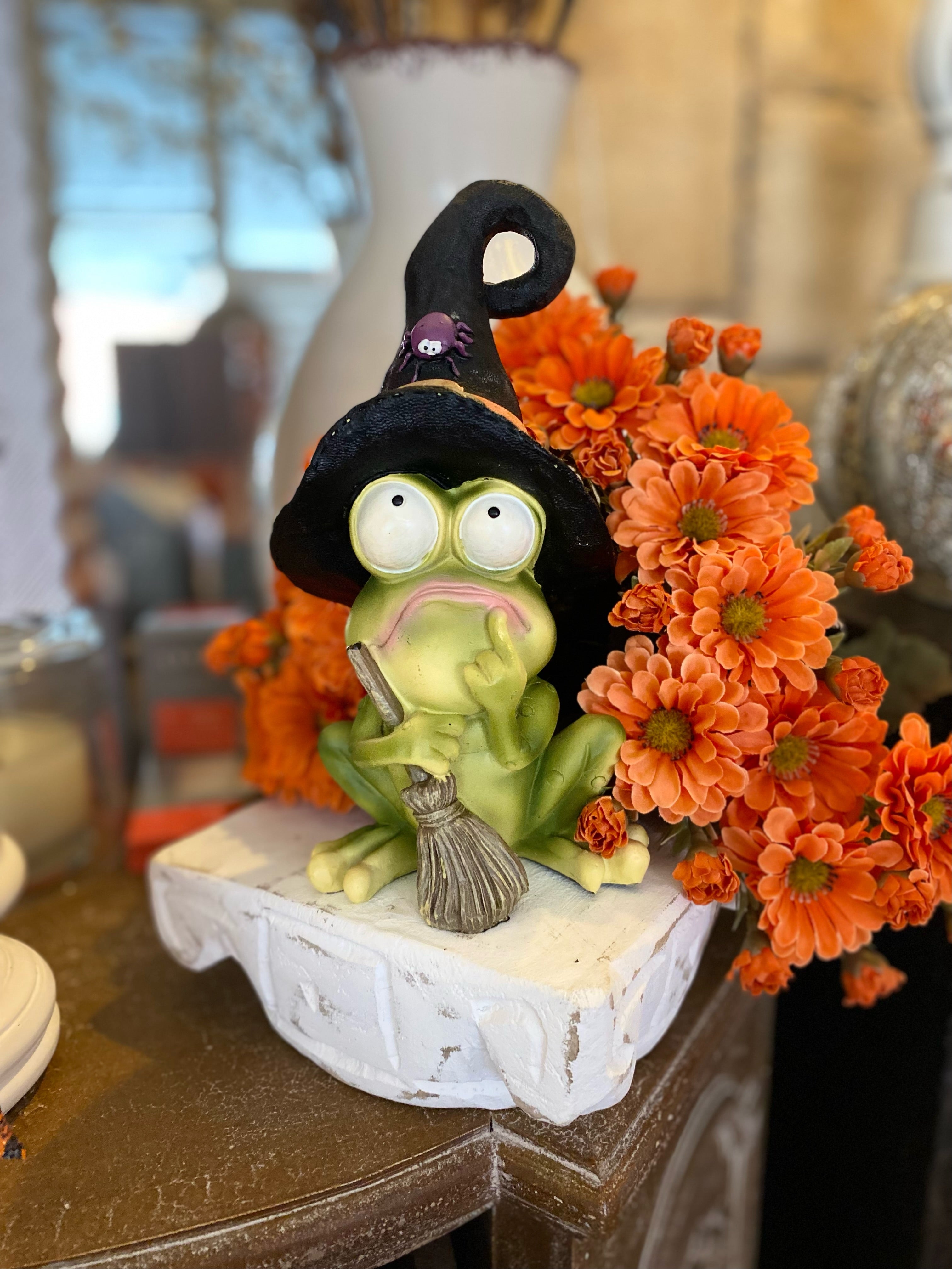 Phoebe the Frog with Black Witch Hat Spider and Holding Broom