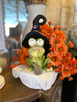 Load image into Gallery viewer, Phoebe the Frog with Black Witch Hat Spider and Holding Broom
