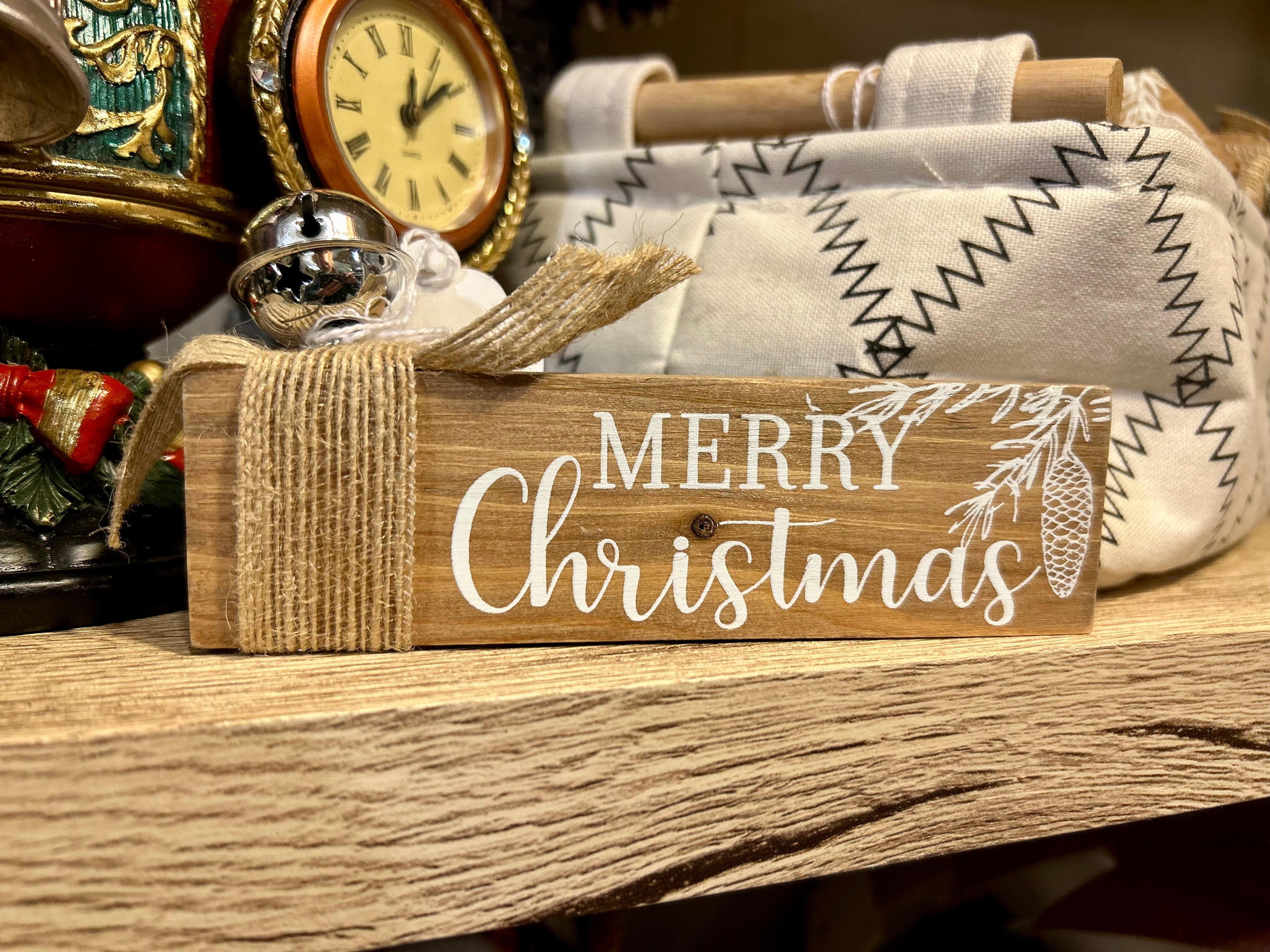 Set of 4 Signs w/ Burlap Bow and Silver Bell 6"length Noel, Believe, Merry Christmas, Joy