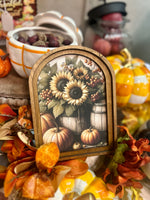 Load image into Gallery viewer, Fall Sunflowers and Pumpkins Wood Frame Picture Arch Top
