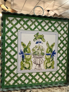 Bunny Boxwood Lattice Mini Print in Green, White, and Blue