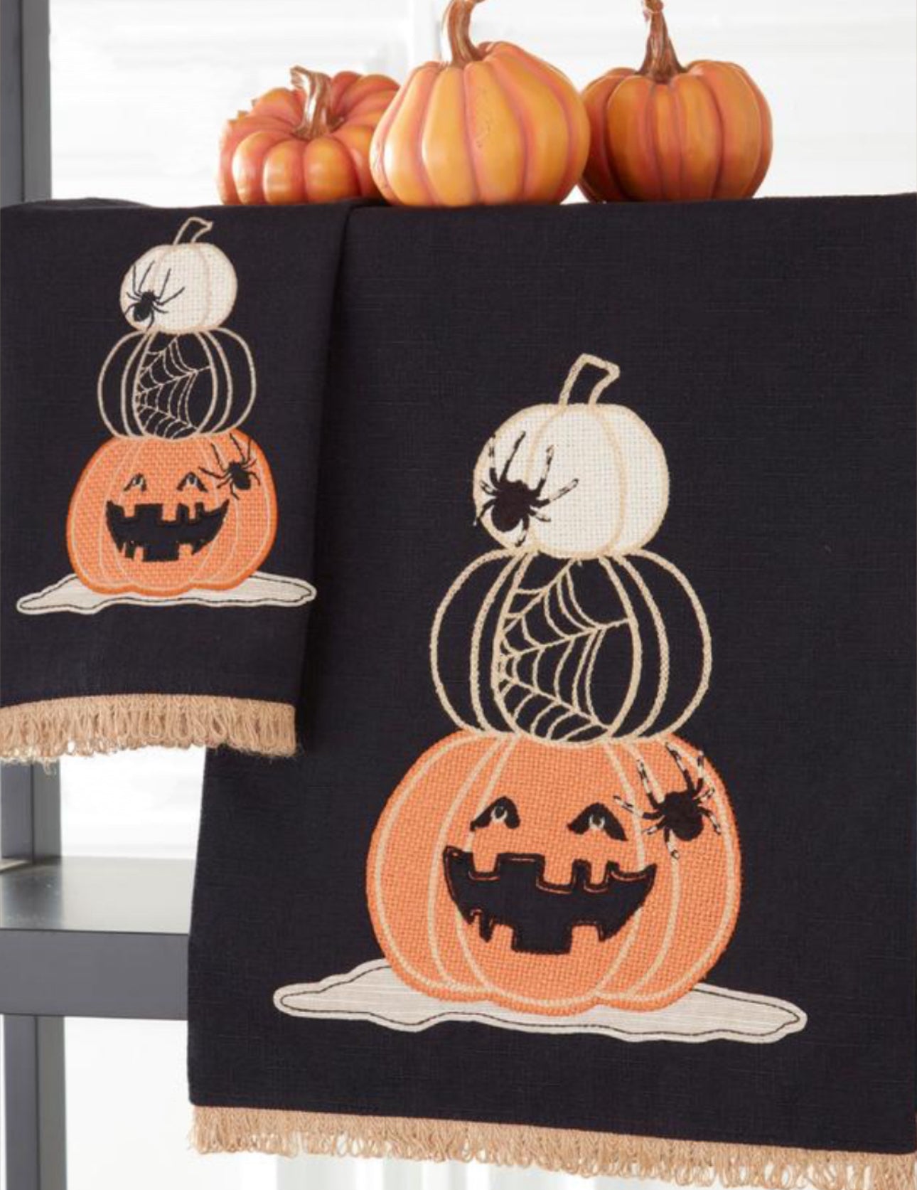 27 Inch Black Halloween Jack O Lantern Stitched Towel