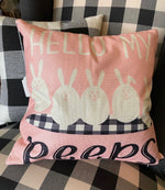 Load image into Gallery viewer, Hello Peeps Pink Easter Pillow with Bunny in Background
