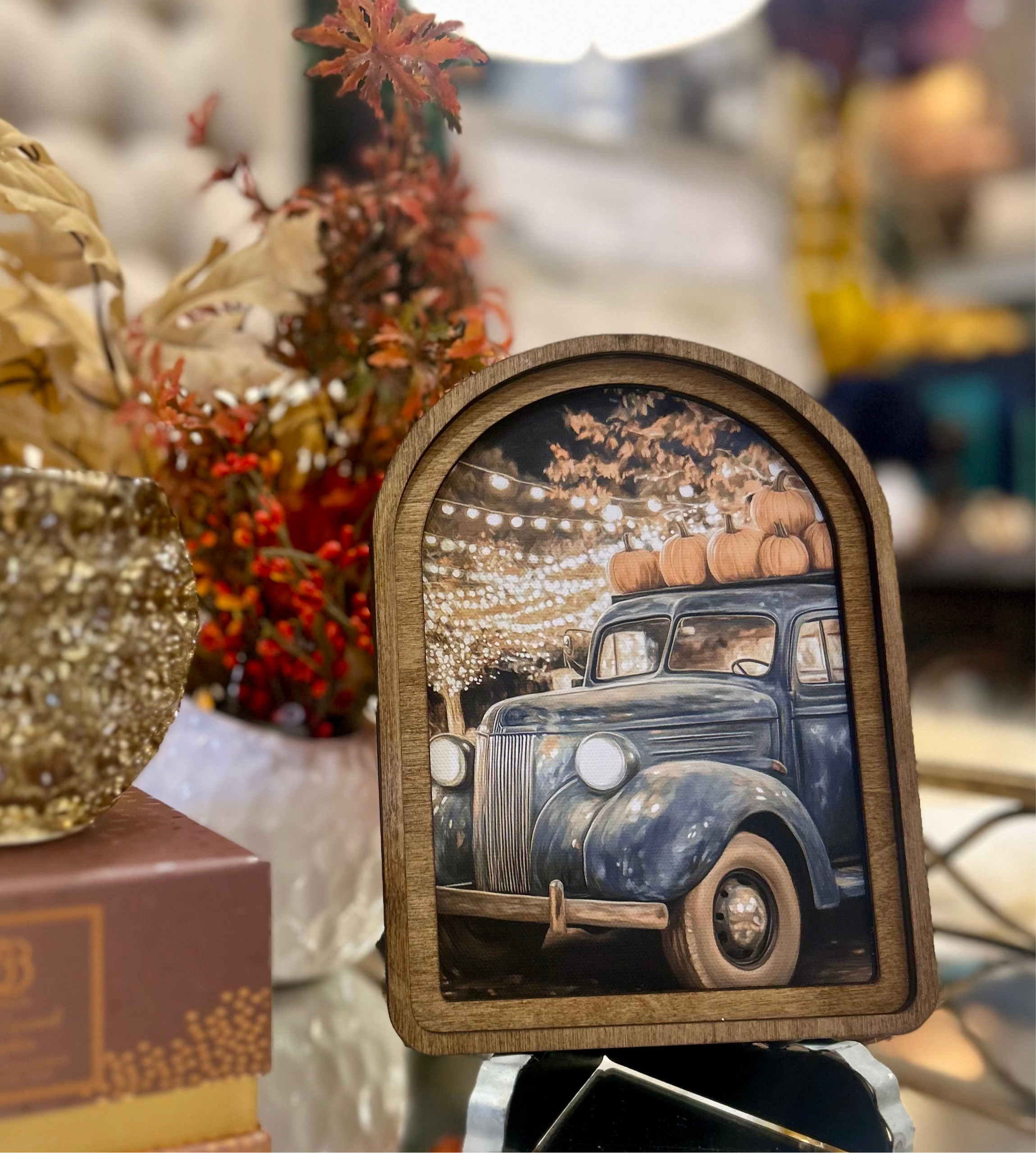 Fall Blue Farm Truck Hauling Harvest Pumpkins Wood Frame Picture Arch Top