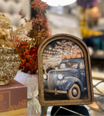 Load image into Gallery viewer, Fall Blue Farm Truck Hauling Harvest Pumpkins Wood Frame Picture Arch Top
