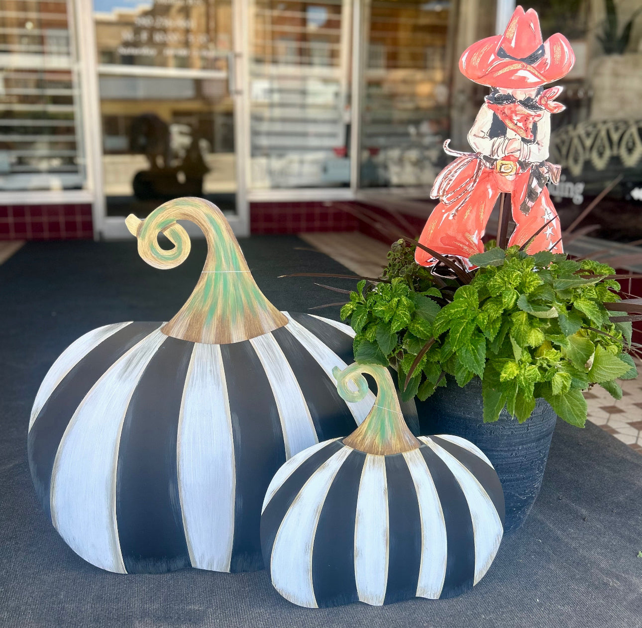 Set of 2: Large Black & White Tall & Short Striped Pumpkin Stake Fall Autumn