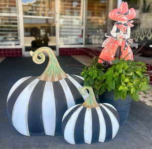 Set of 2: Large Black & White Tall & Short Striped Pumpkin Stake Fall Autumn