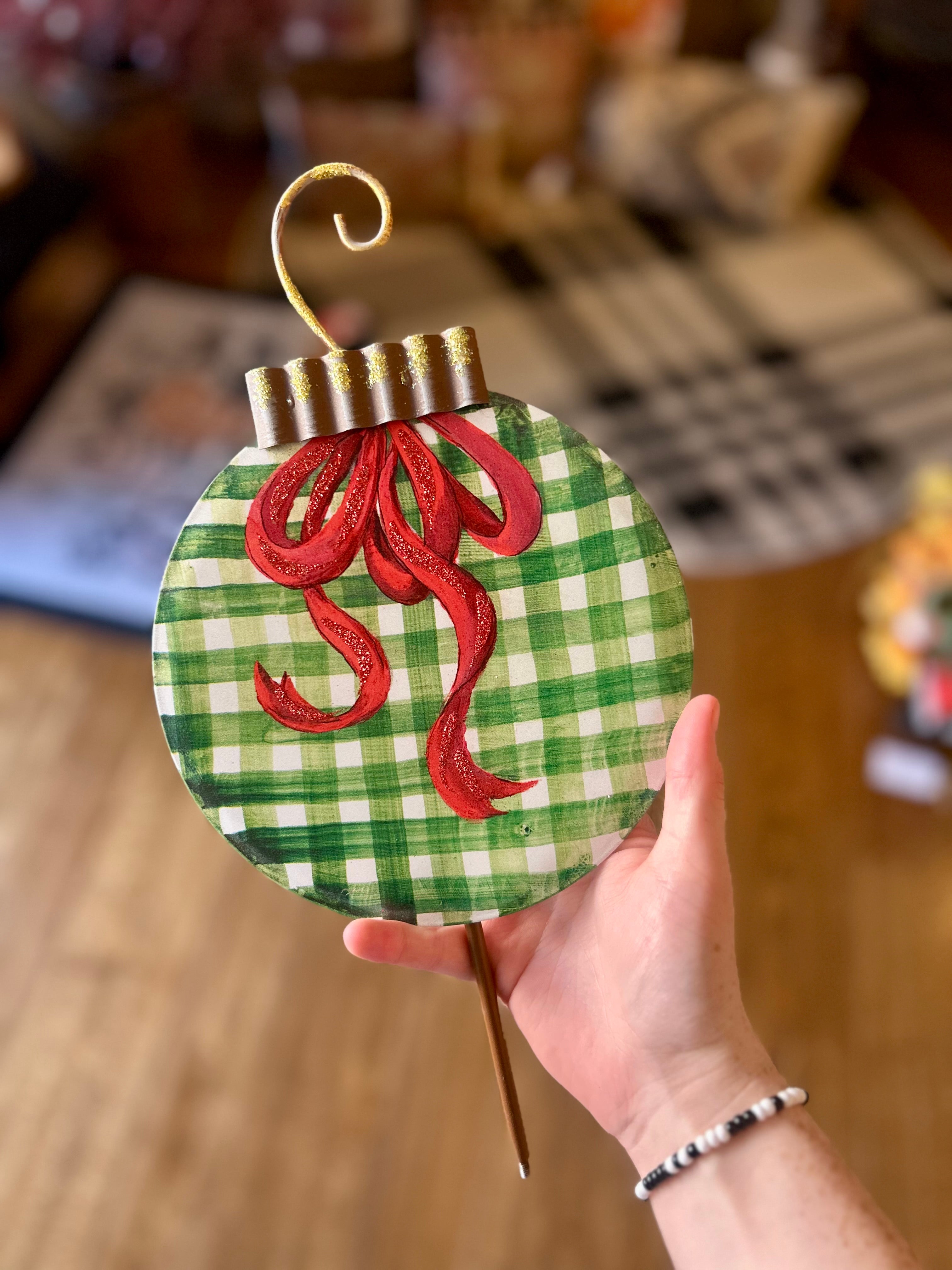 Christmas Check Ornaments Yard Metal Stakes Set of 3