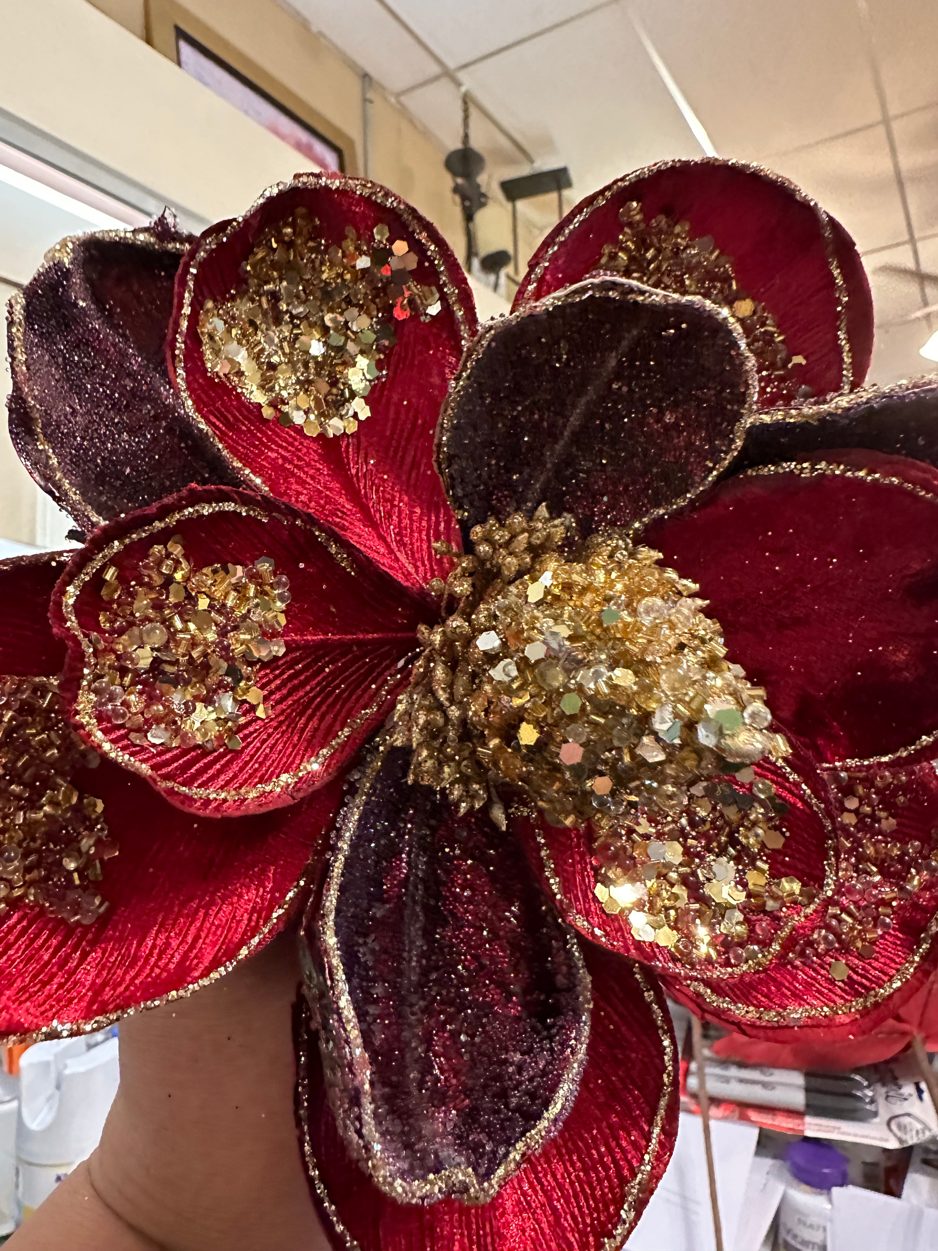 Glam Burgundy/Plum Velvet Magnolia with Gold Sequins Pack of 3