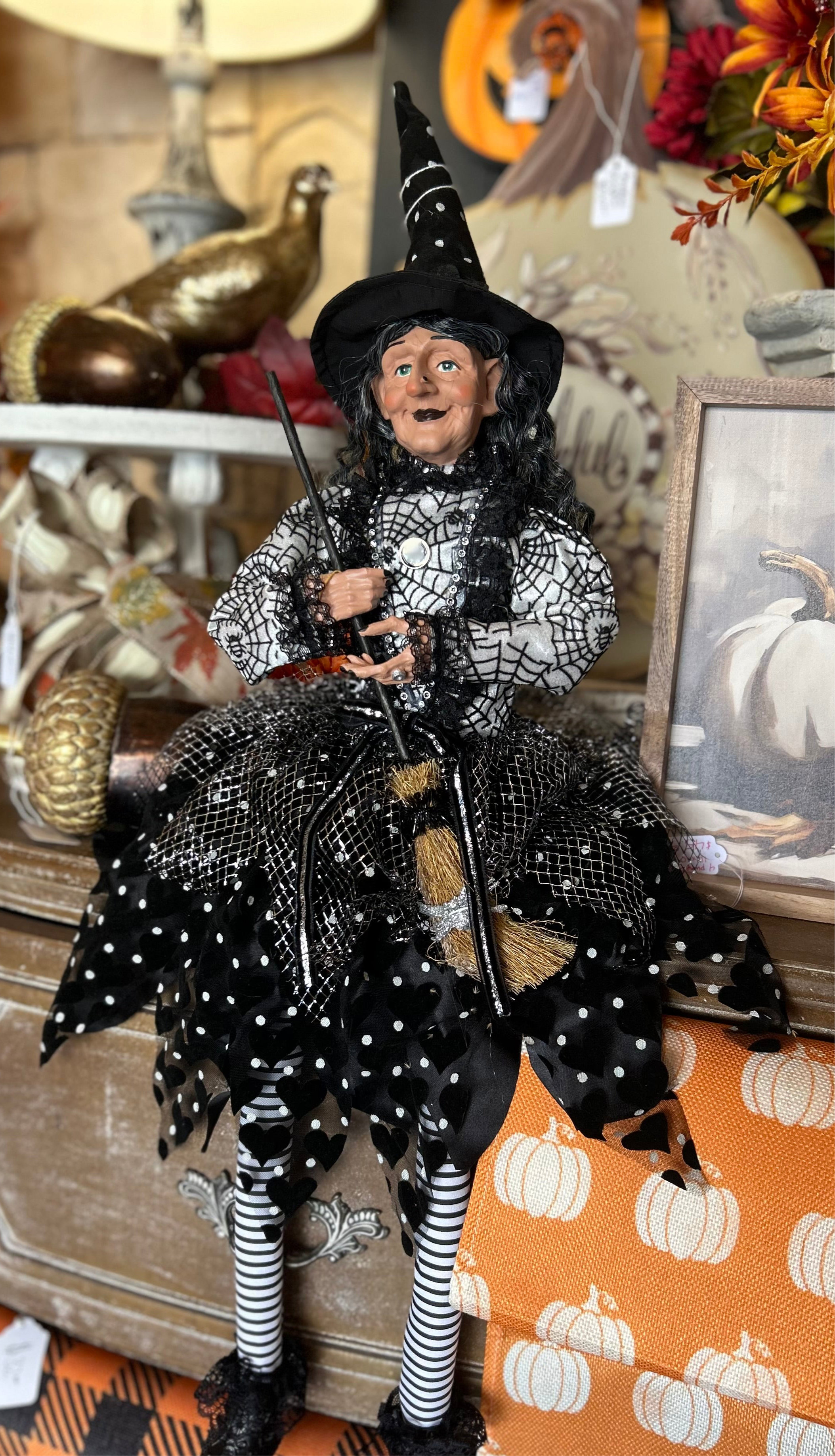 Witch in Black & White with Spider Web Material Halloween