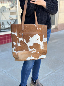 Cowhide and Leather Tote in Brown and White