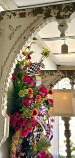 Load image into Gallery viewer, Butterfly Summer Peony Swag Harlequin Ribbon Bright Pink, Orange, Purple, Yellow Swag
