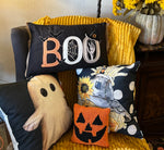 Load image into Gallery viewer, BOO Black Pillow with Bats, Witch Hat, Spider web, and Skeleton Hand
