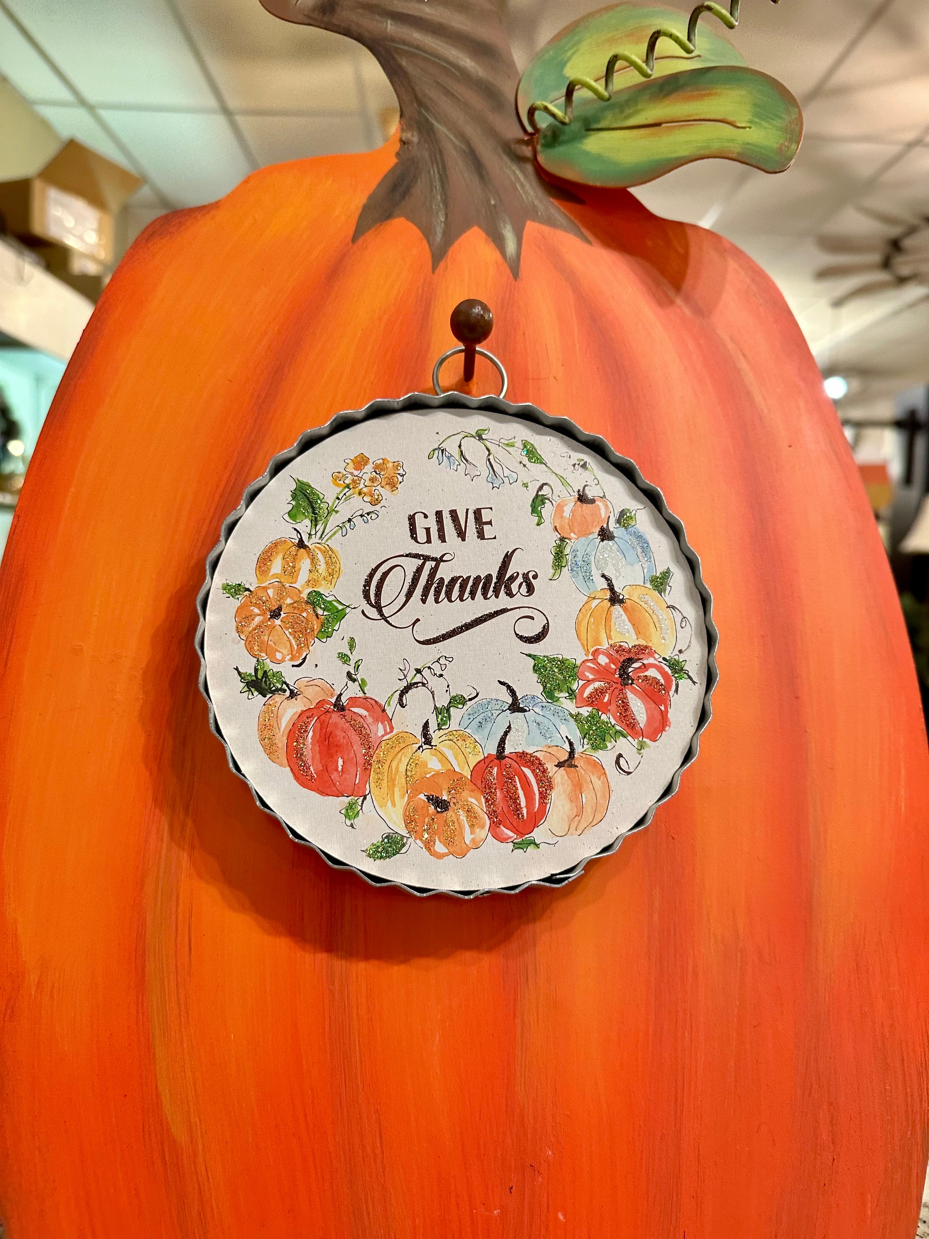 Round Mini Charm “Give Thanks” with Pumpkin Border and Galvanized Frame