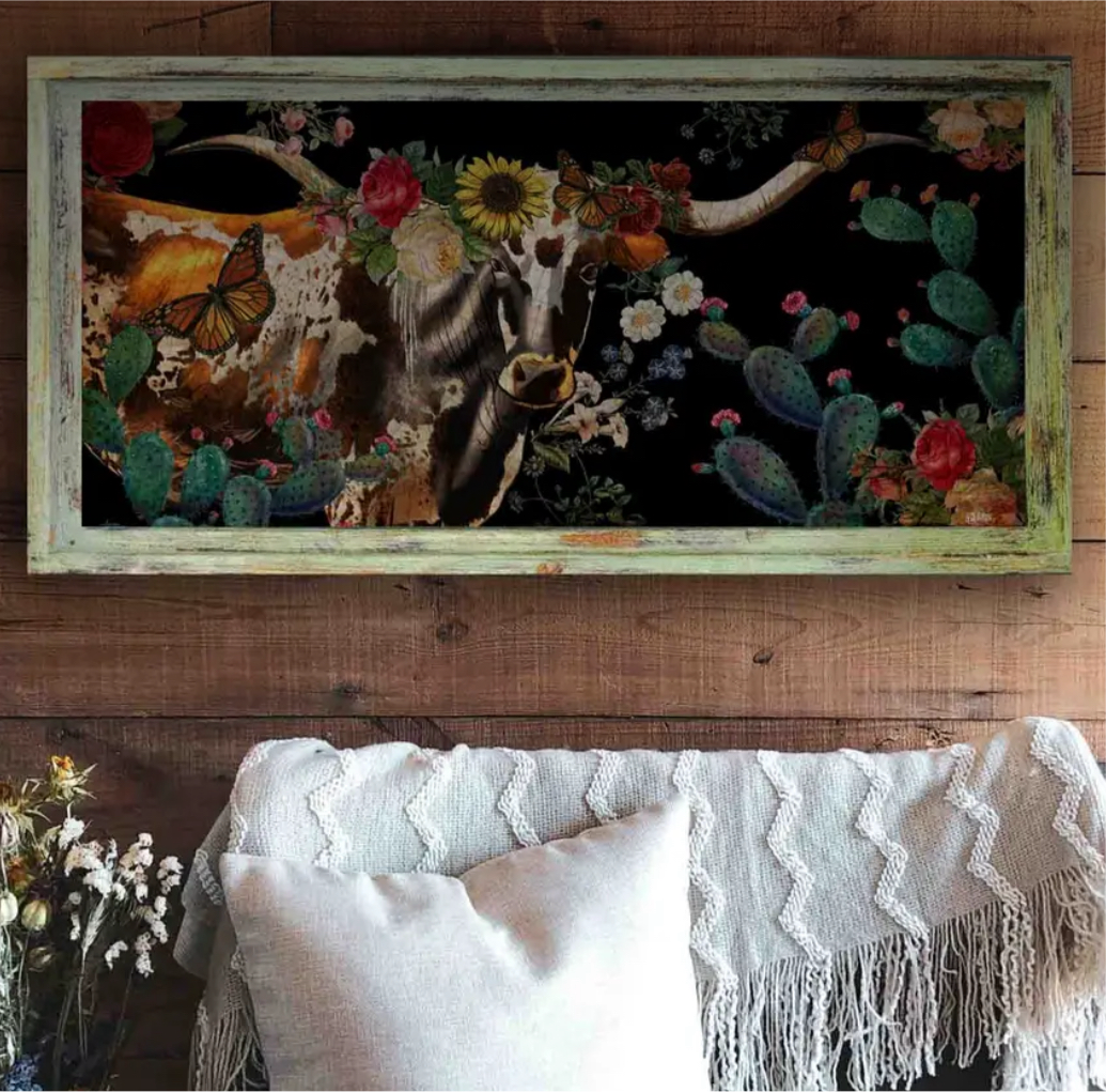 Rustic Boho Longhorn Art with Distressed Green Frame 18”x36”