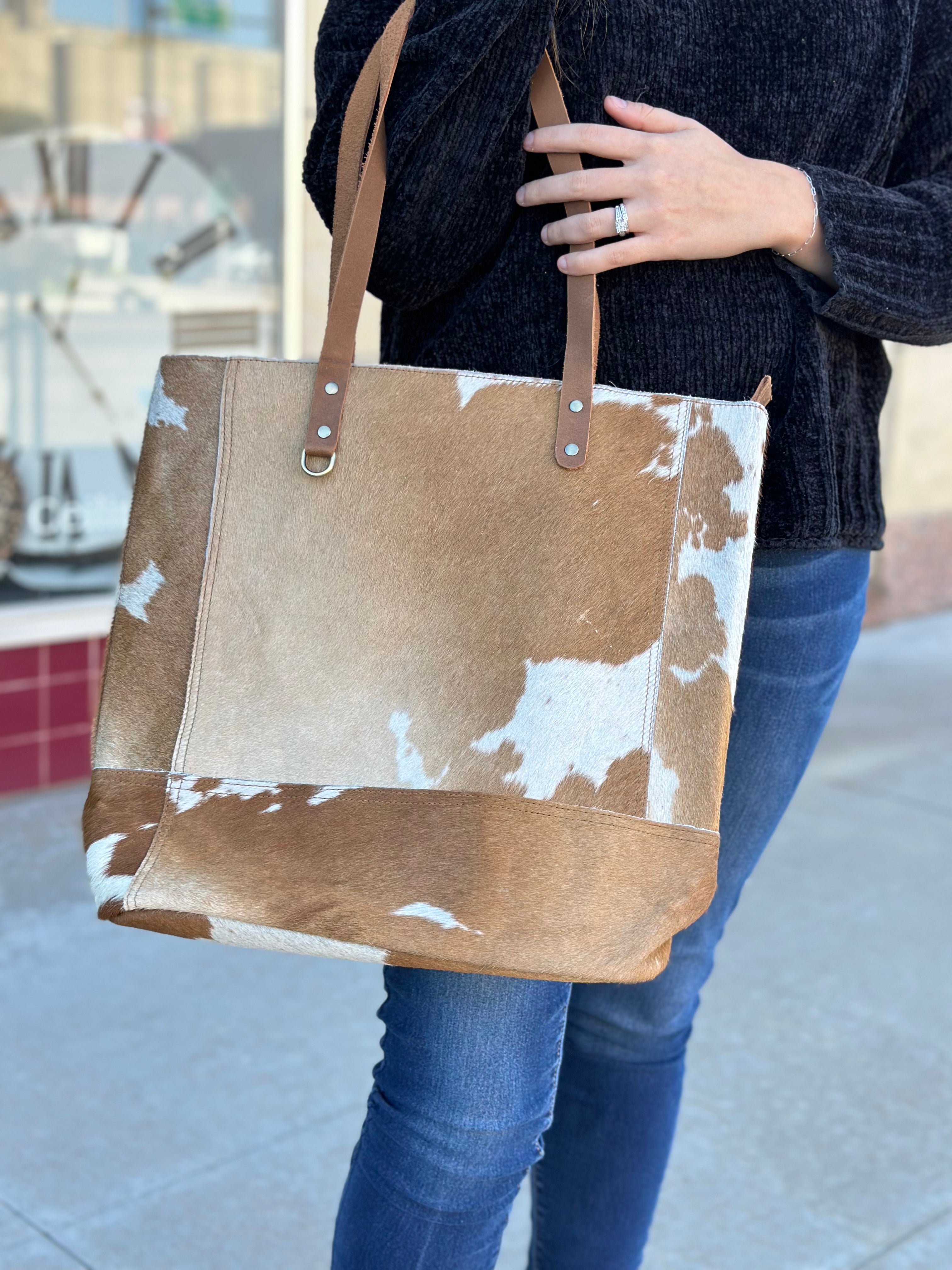 Cowhide and Leather Tote in Brown and White